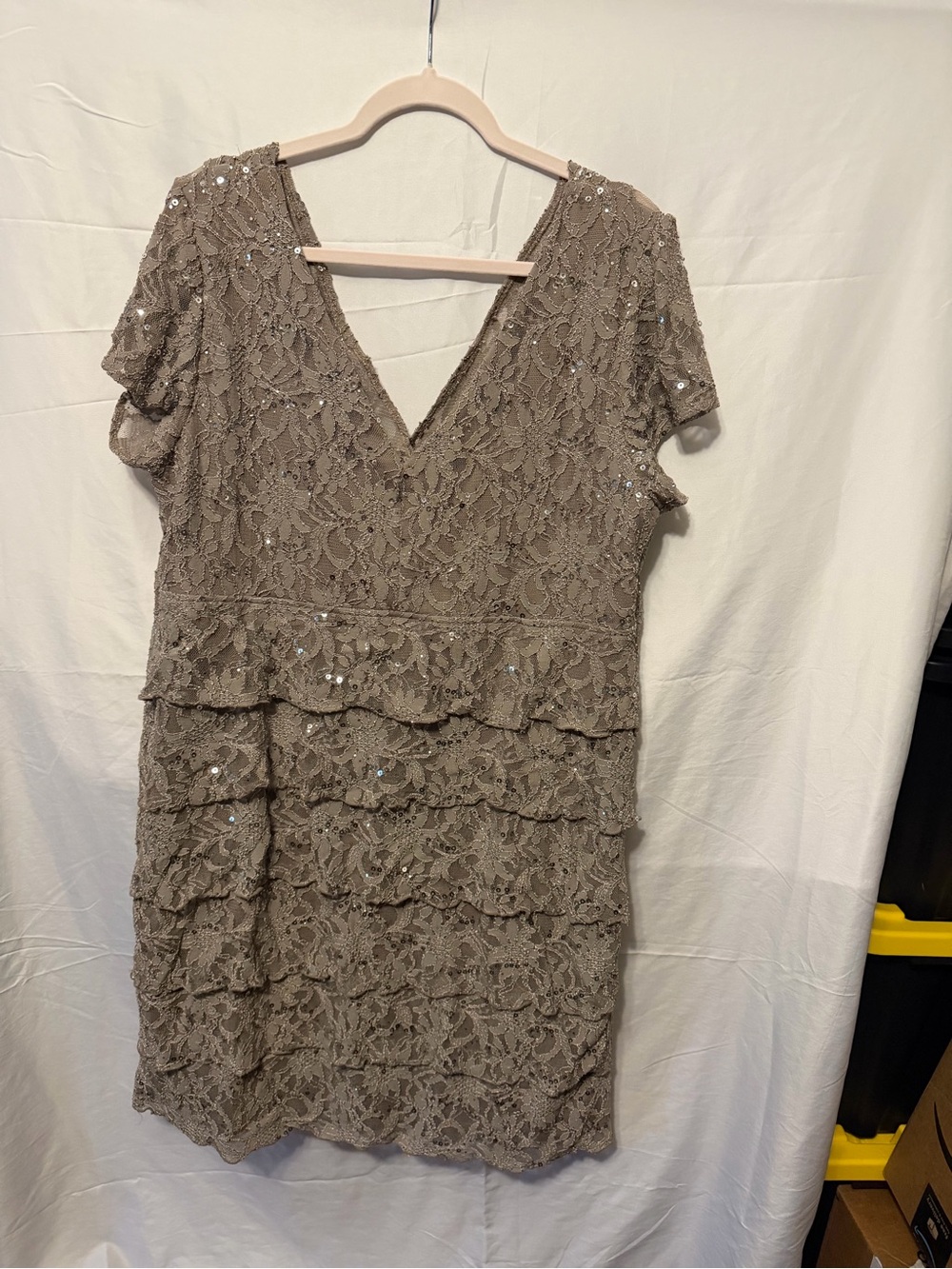Scarlett Nite Taupe Lace Sequin Tiered V-Neck Midi Dress - Picture 3 of 3